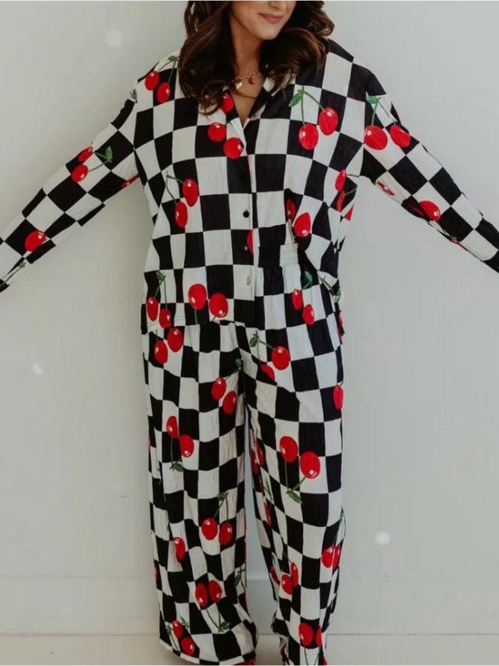 Kids Cherry Check Pajama Set - Black & White with Red Cherries